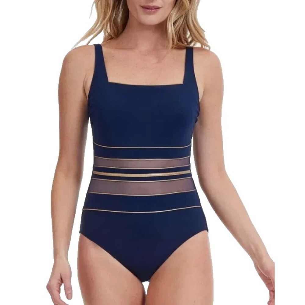 Gottex Essentials Bandeau One Piece Swimsuit Navy Gold Mesh Trim Size 10 - Picture 7 of 7